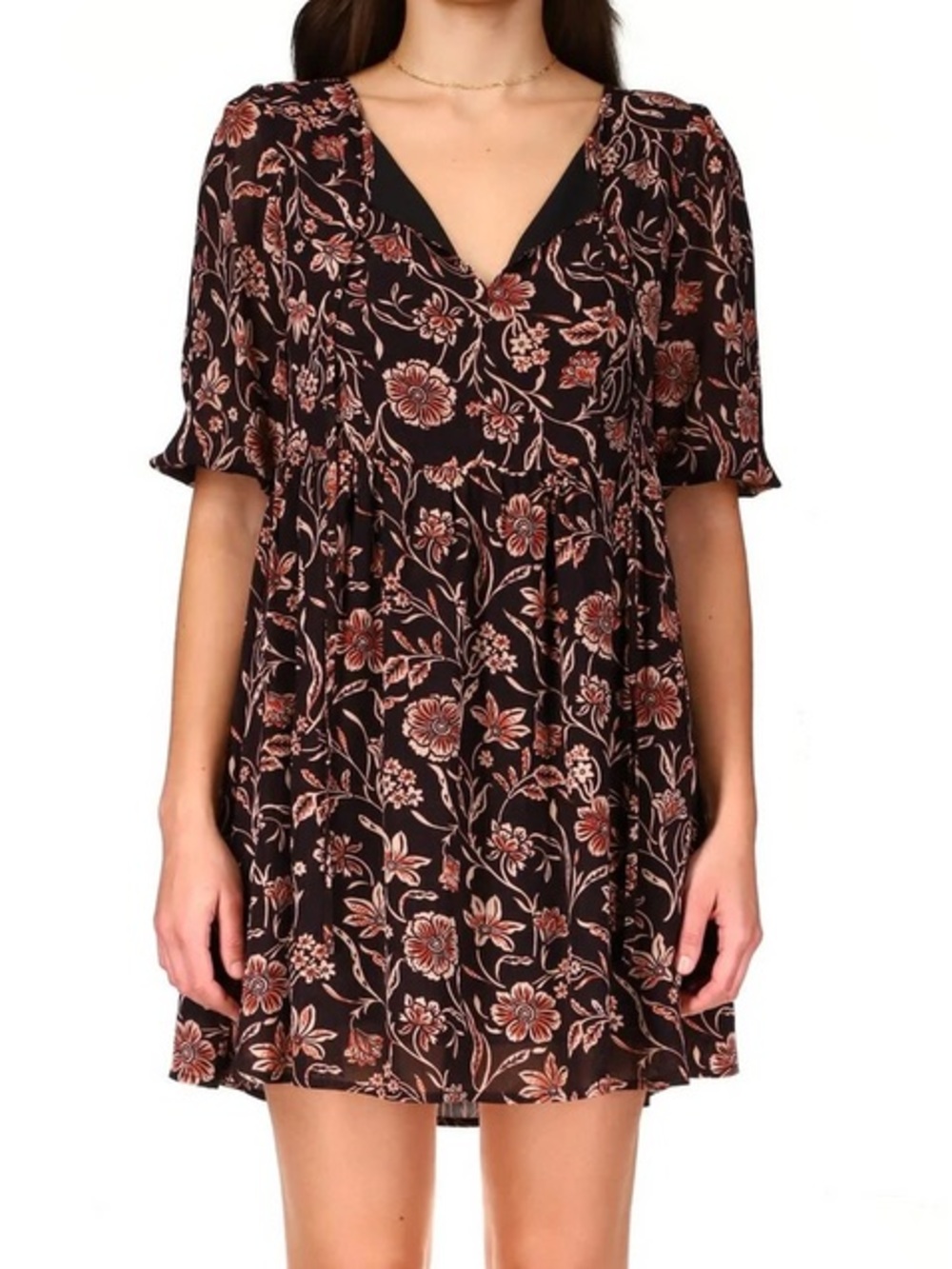 Sanctuary Black Floral V-Neck Babydoll Dress with Rust Accents